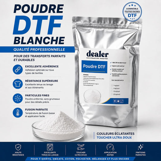 Coque Sublimation Consommable DTF Poudre DTF Blanche Pro – 1 kg ou 5 kg – Haute adhérence Poudre DTF Blanche Pro – 1 kg ou 5 kg – Haute adhérence