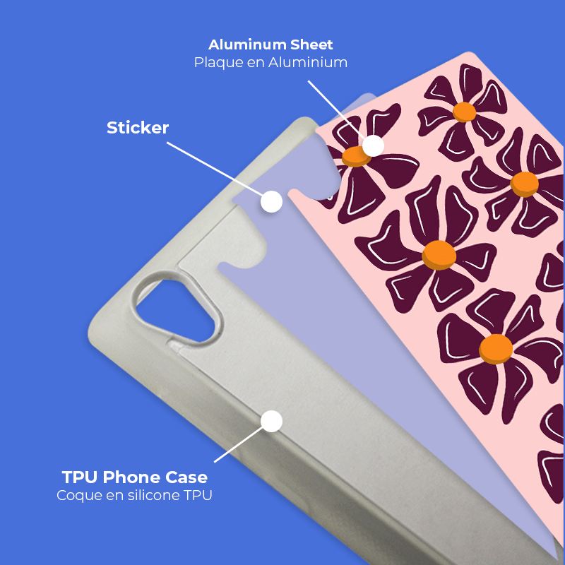 Coque sublimation 2D TPU pour Sony XPeria L3, L2. La plaque arrière en aluminium dédiée à la sublimation permet la personnalisation de la coque.