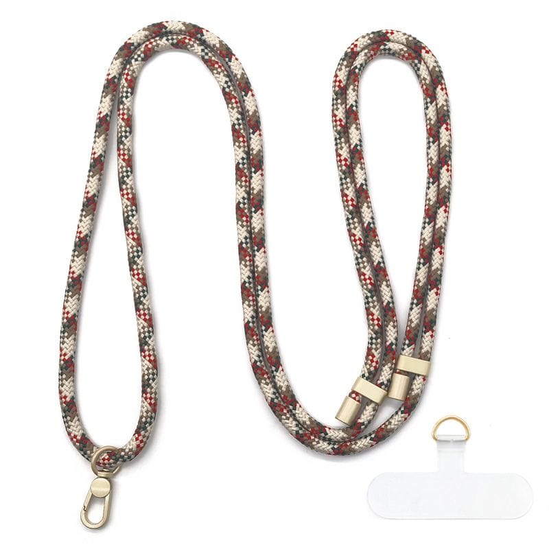 Cordon bariolé vert kaki et rouge adaptable à toutes les coques de téléphone