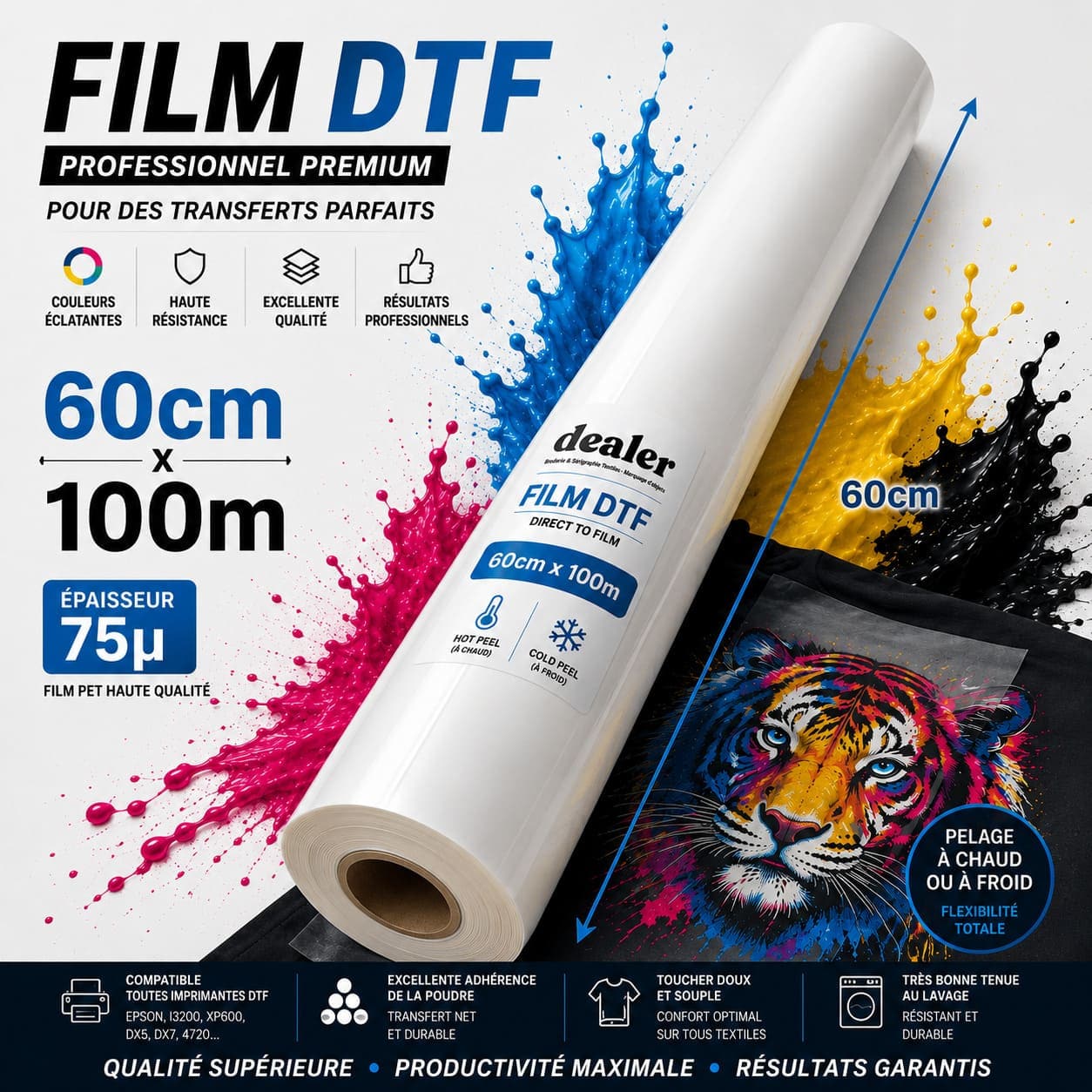 Coque Sublimation Consommable DTF Film DTF Pro 60cm x 100m - Pelage à chaud ou à froid – 75 µ Film DTF Pro 60cm x 100m - Pelage à chaud ou à froid – 75 µ